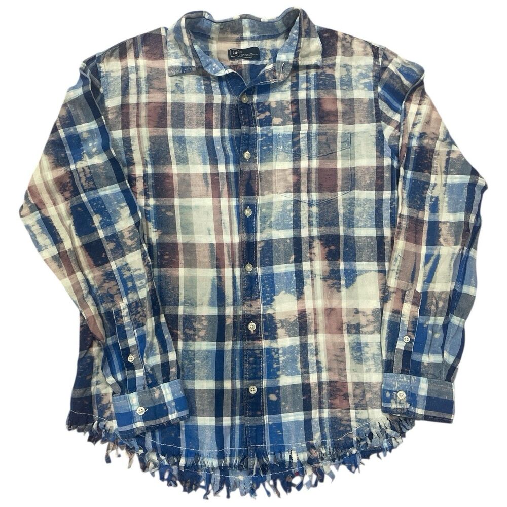 GAP Women's Medium Upcycled Plaid Button Down Shirt Folk Art Back Patch